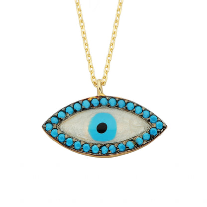 14K Real Solid Gold Lucky Evil Eye with Mother of Pearl Necklace for Women Dainty Turkish Evil Eye Cats Eye Faith Nazar Protection Pendant Birthday Christmas Mother’s Day Gift