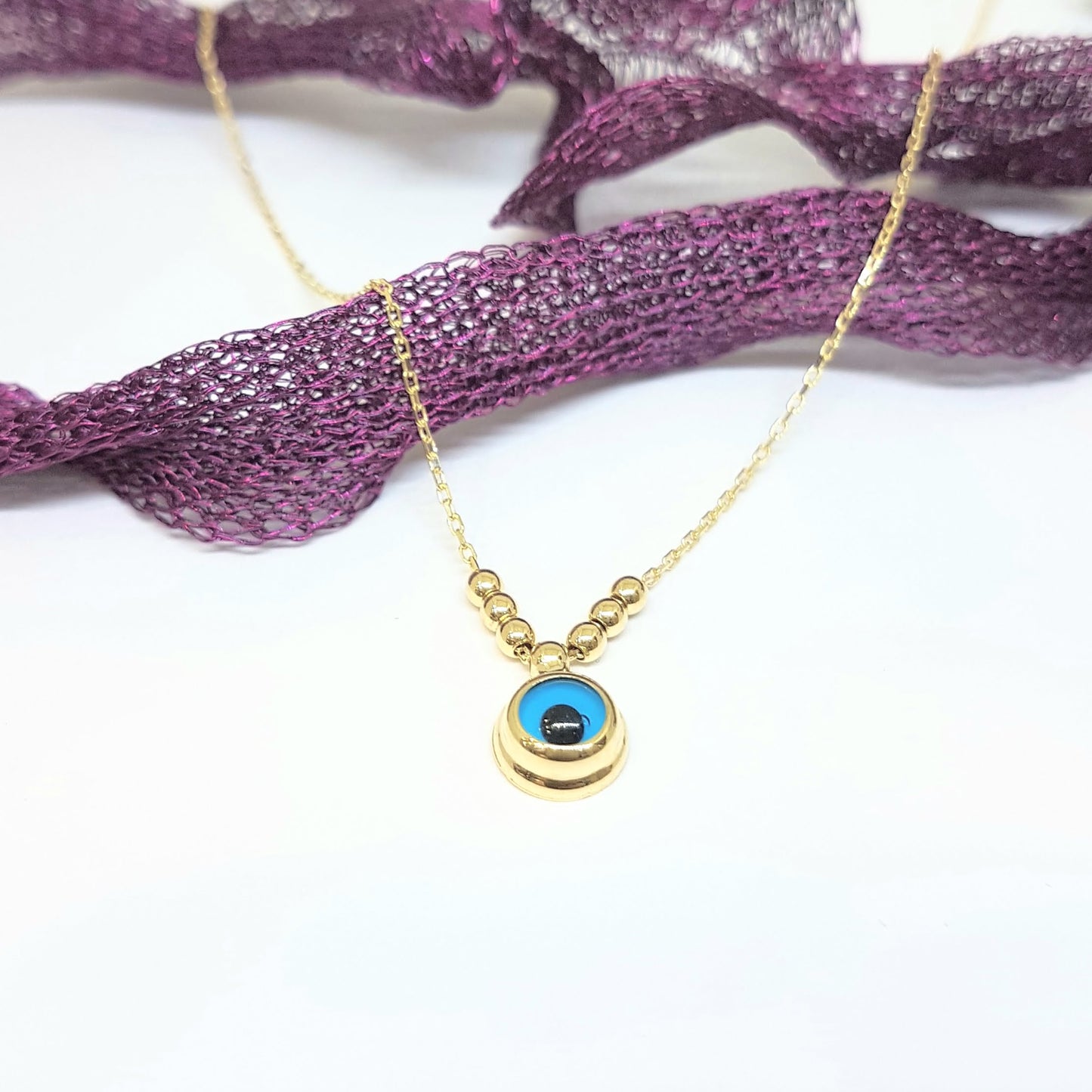 14K Real Solid Gold Lucky Evil Eye with Three Balls Blue Eyes Pendant Necklace for Women Turkish birthday gift