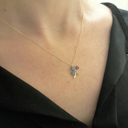 14K Real Solid Gold Lucky Four Leaf Clover with Colorful Zirconia Stones Charm Dainty Pendant Necklace for Good Luck for Women Best Birthday Gift