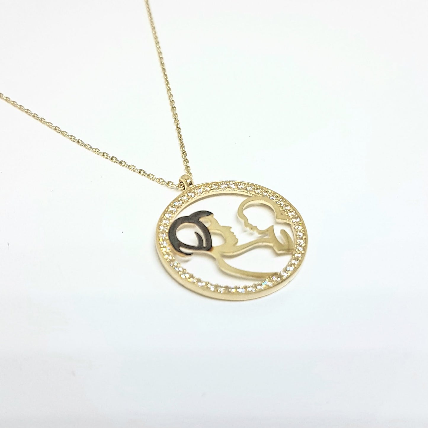 14K Real Solid Gold Mother Child Baby Design with Zirconia Stones Pendant Necklace for Women , Mother's Day Gift, Birthday Gift