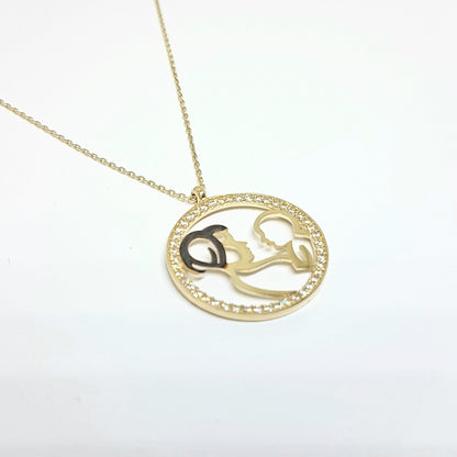 14K Real Solid Gold Mother Child Baby Design with Zirconia Stones Pendant Necklace for Women , Mother's Day Gift, Birthday Gift