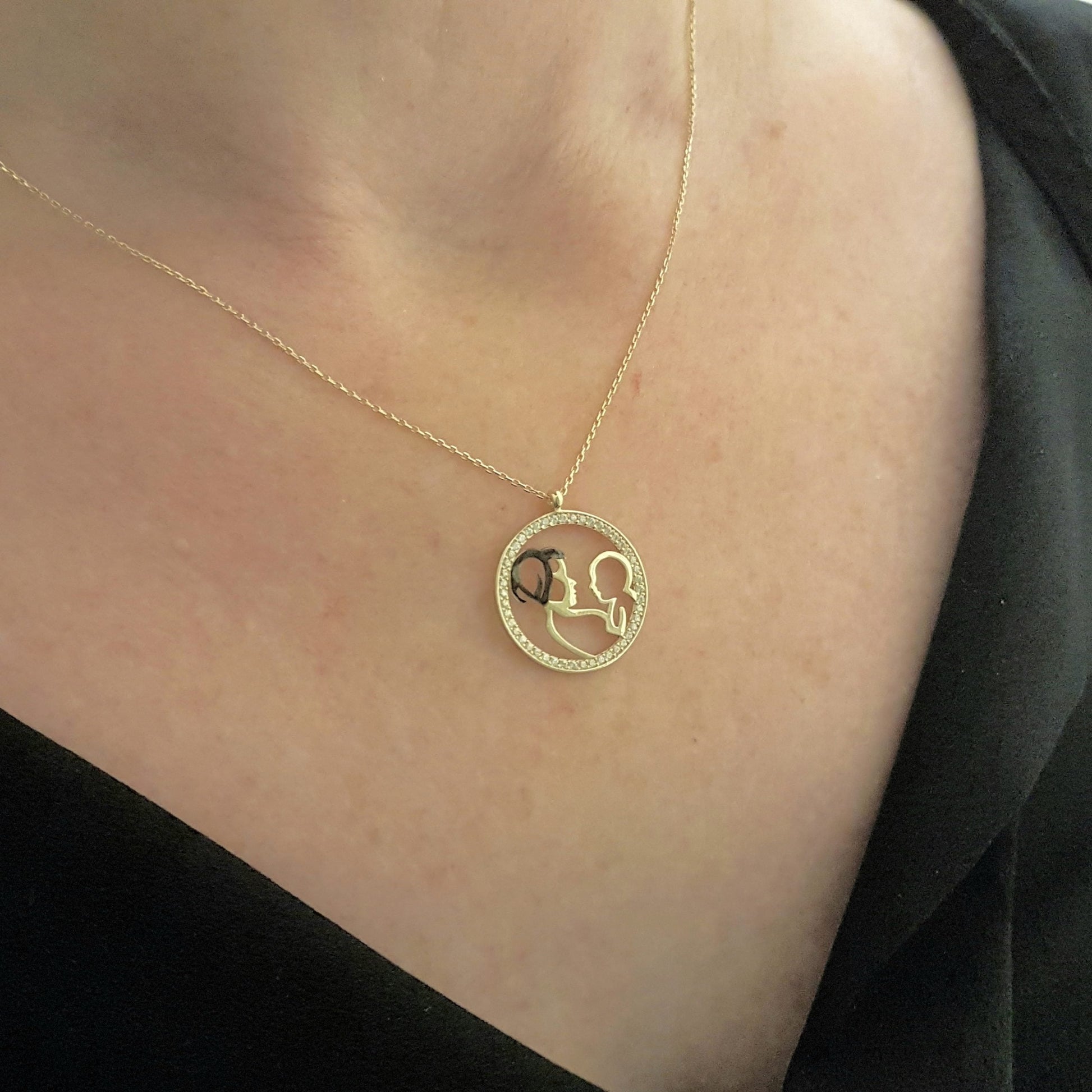 14K Real Solid Gold Mother Child Design with Zirconia Stones Charm Dainty Delicate Charm Trendy Pendant Necklace for Women Wife Baby Girl Boy Mom Mother's Day Gift