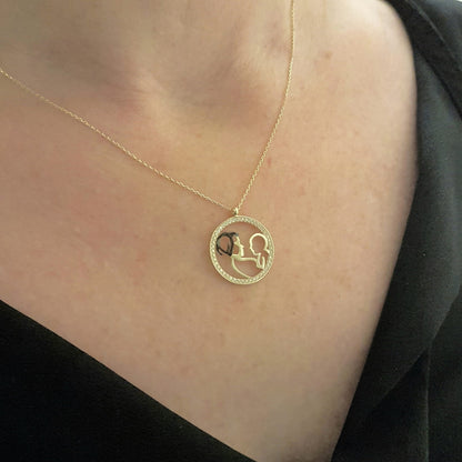 14K Real Solid Gold Mother Child Design with Zirconia Stones Charm Dainty Delicate Charm Trendy Pendant Necklace for Women Wife Baby Girl Boy Mom Mother's Day Gift