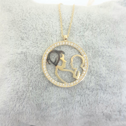 14K Real Solid Gold Mother Child Baby Design with Zirconia Stones Pendant Necklace for Women , Mother's Day Gift, Birthday Gift