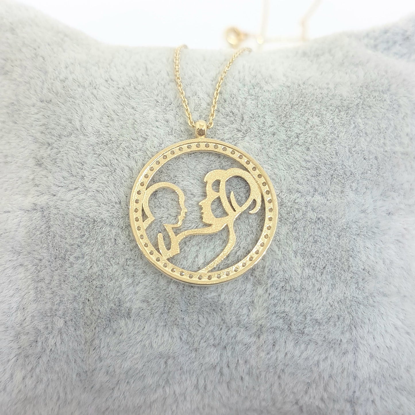 14K Real Solid Gold Mother Child Baby Design with Zirconia Stones Pendant Necklace for Women , Mother's Day Gift, Birthday Gift