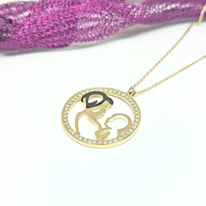 14K Real Solid Gold Mother Child Baby Design with Zirconia Stones Pendant Necklace for Women , Mother's Day Gift, Birthday Gift