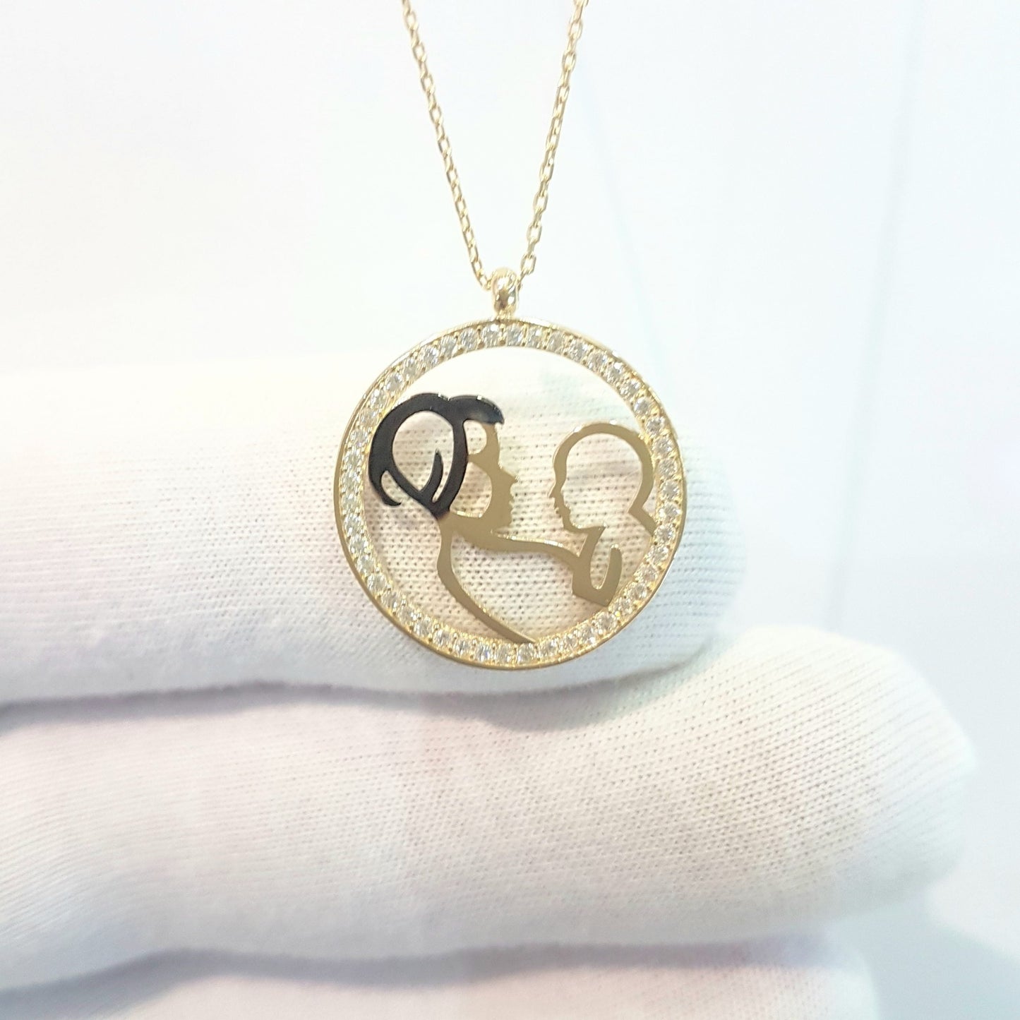 14K Real Solid Gold Mother Child Baby Design with Zirconia Stones Pendant Necklace for Women , Mother's Day Gift, Birthday Gift