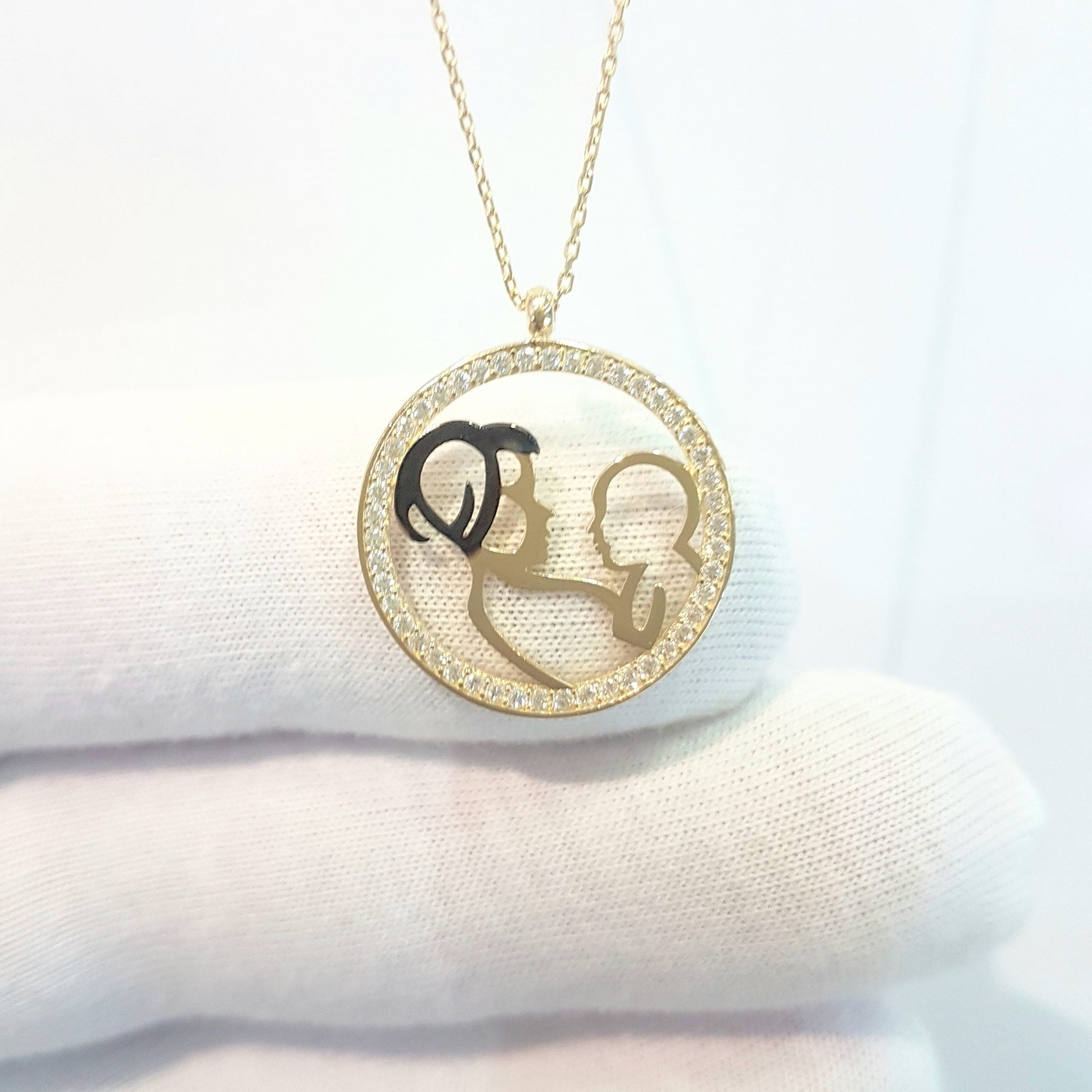 14K Real Solid Gold Mother Child Baby Design with Zirconia Stones Pendant Necklace for Women , Mother's Day Gift, Birthday Gift