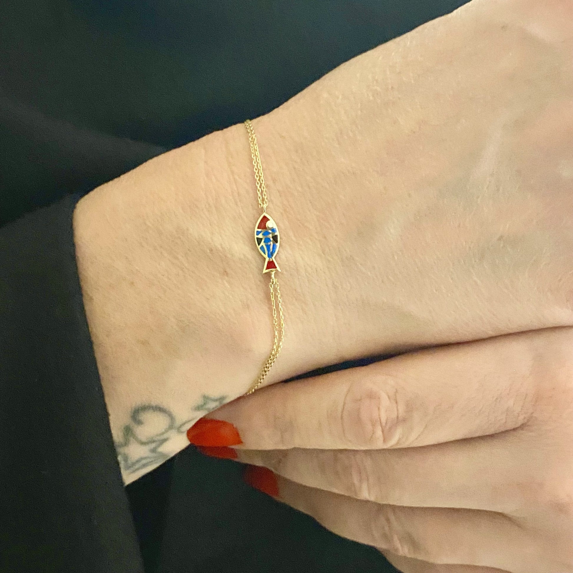 14K Real Solid Gold Multicolored Fish Bracelet for Women , Fish Jewelry ,Ocean Life , Fish Charm Bracelet , Christmas Gift for her