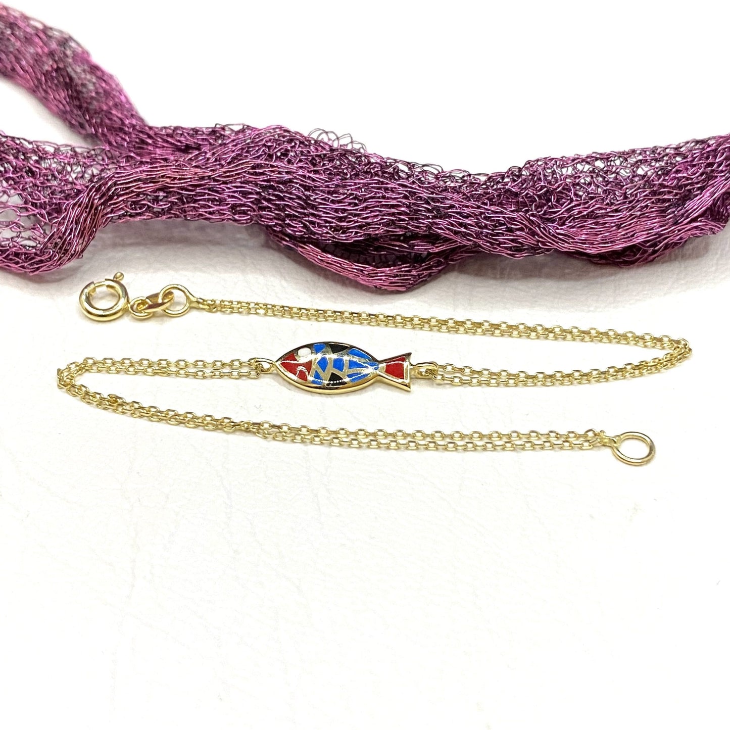 14K Real Solid Gold Multicolored Fish Bracelet for Women , Fish Jewelry ,Ocean Life , Fish Charm Bracelet , Gift for her ,Birthday Gift