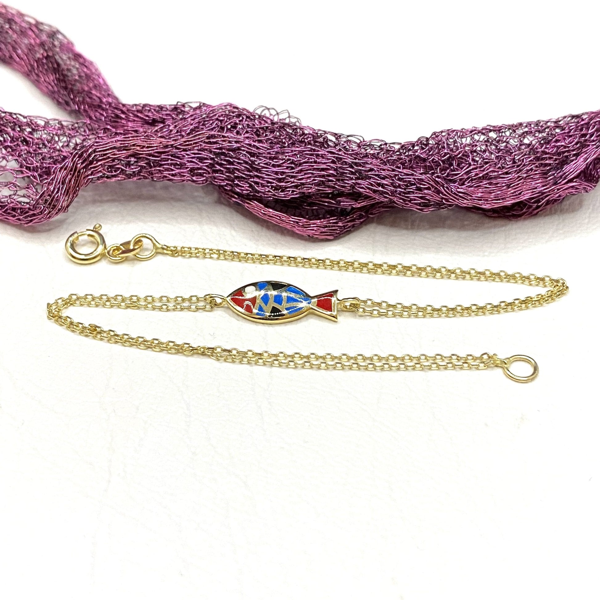 14K Real Solid Gold Multicolored Fish Bracelet for Women , Fish Jewelry ,Ocean Life , Fish Charm Bracelet , Gift for her ,Birthday Gift