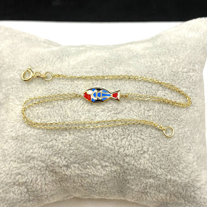 14K Real Solid Gold Multicolored Fish Bracelet for Women