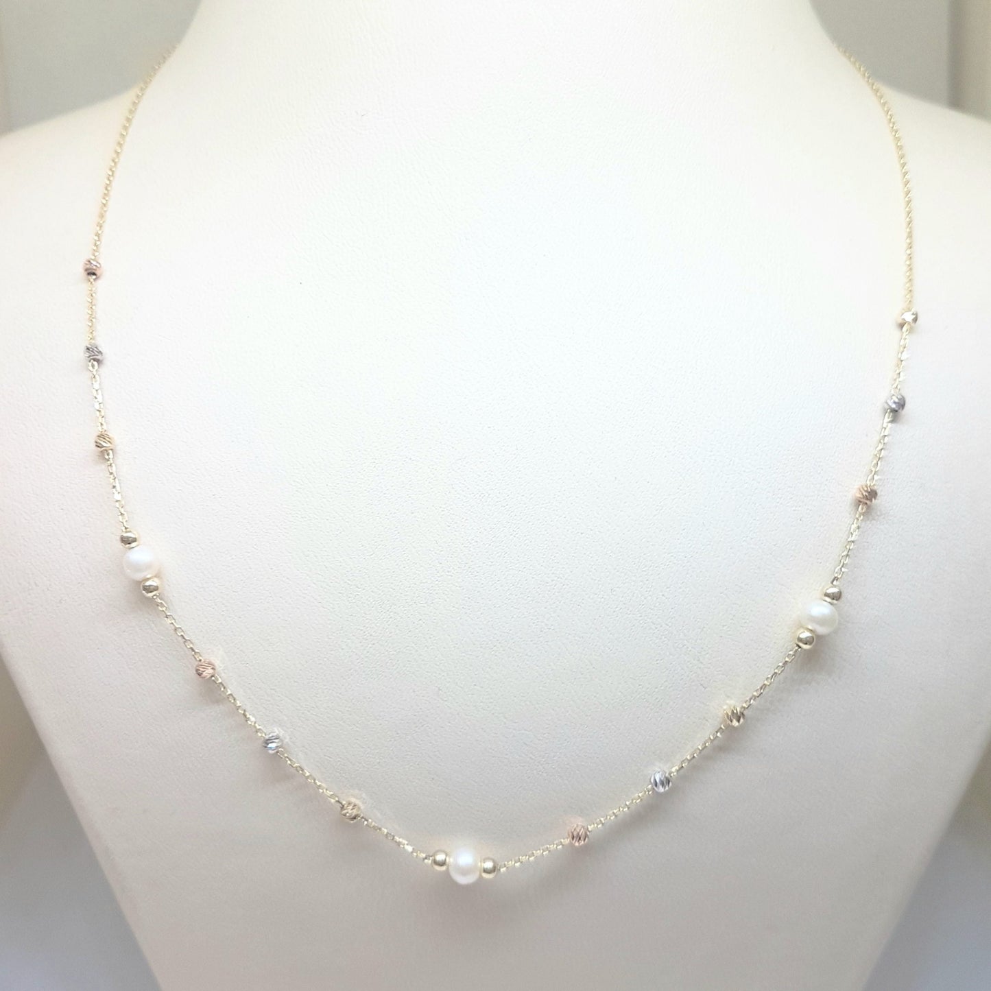 14K Real Solid Gold Necklace Beaded Pearls and Italian Balls Design for Women