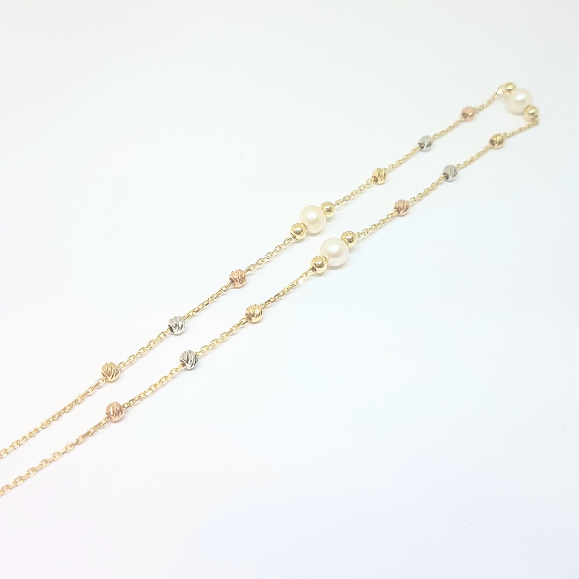 14K Real Solid Gold Necklace Beaded Pearls and Italian Balls Design for Women