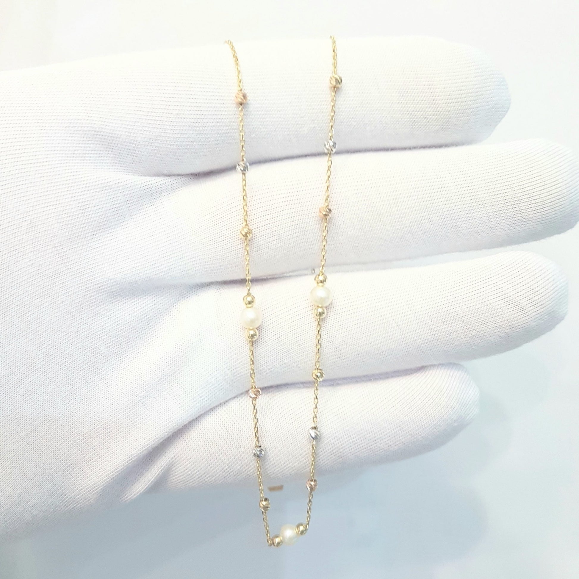 14K Real Solid Gold Necklace Beaded Pearls and Italian Balls Design for Women