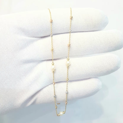 14K Real Solid Gold Necklace Beaded Pearls and Italian Balls Design for Women