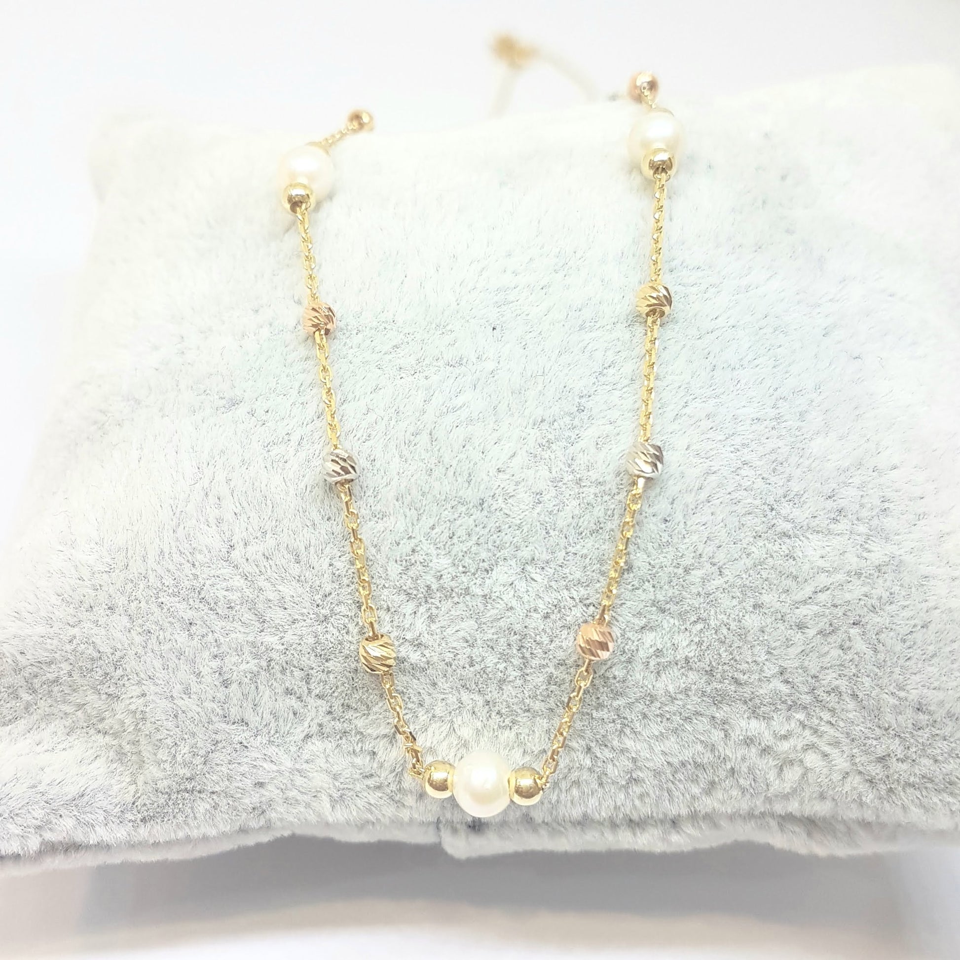 14K Real Solid Gold Necklace Beaded Pearls and Italian Balls Design for Women