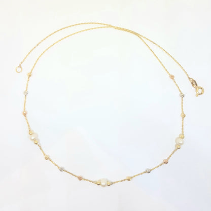 14K Real Solid Gold Necklace Beaded Pearls and Italian Balls Design for Women