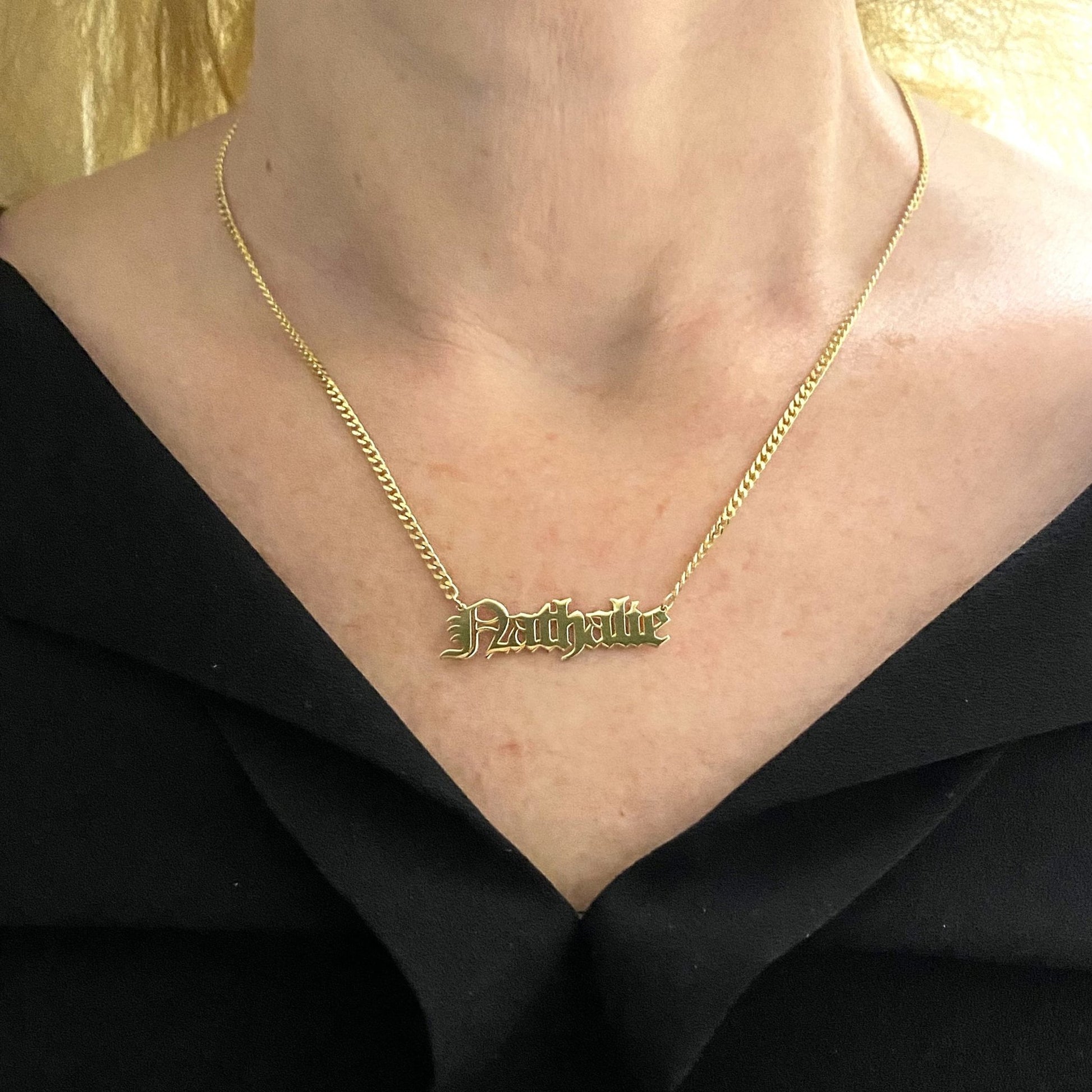 14K Real Solid Gold Old English Name Necklace , Custom Name Necklace , Personalized Jewelry , Christmas Birthday Gift , Nameplate Necklace