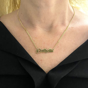 14K Real Solid Gold Old English Name Necklace , Custom Name Necklace , Personalized Jewelry , Christmas Birthday Gift , Nameplate Necklace