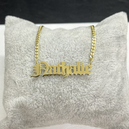 14K Real Solid Gold Old English Name Necklace , Custom Name Necklace ,Personalized Nameplate Jewelry ,Christmas Birthday Gift, Gourmet Chain