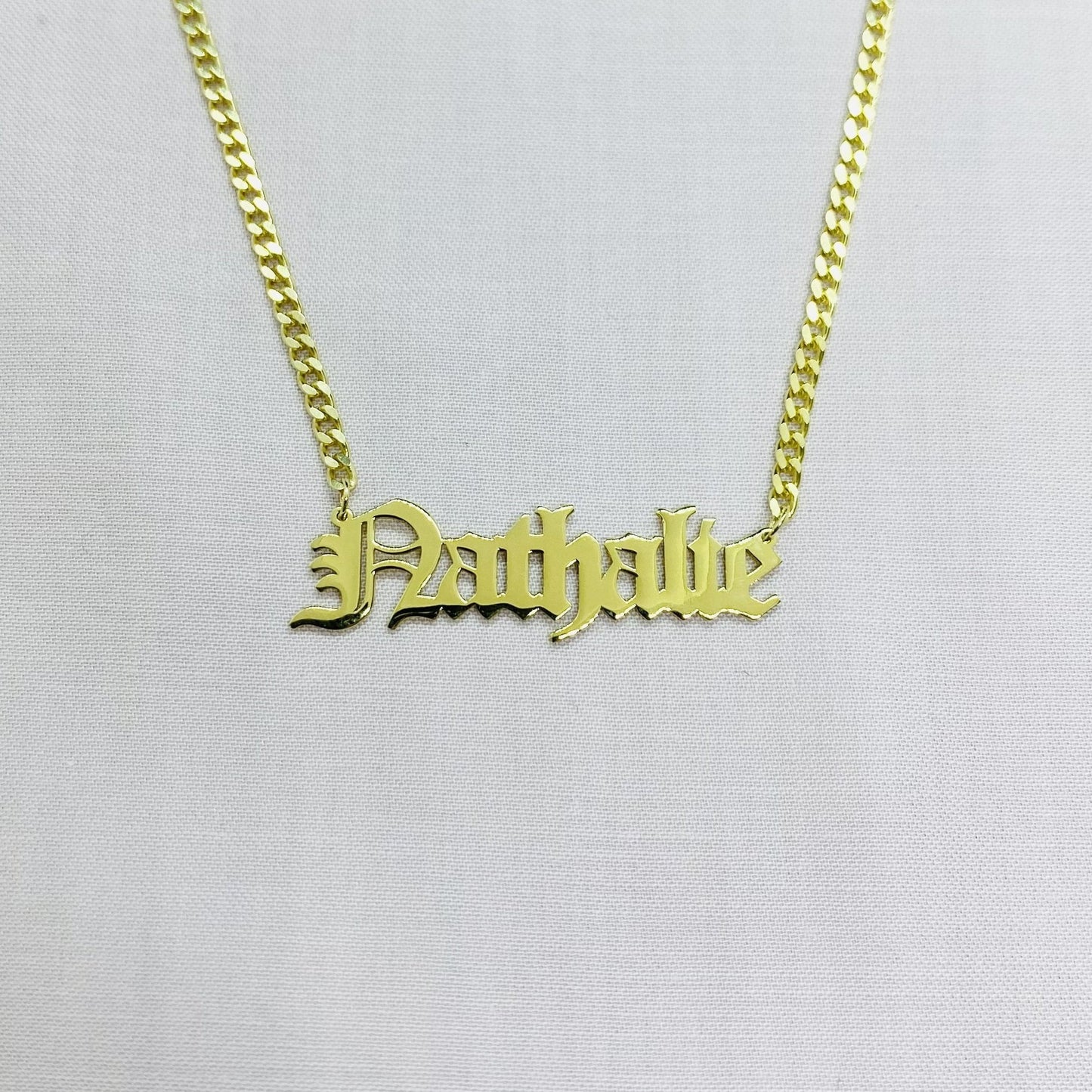 14K Real Solid Gold Old English Name Necklace , Custom Name Necklace ,Personalized Nameplate Jewelry, Christmas Birthday Gift ,Gourmet Chain
