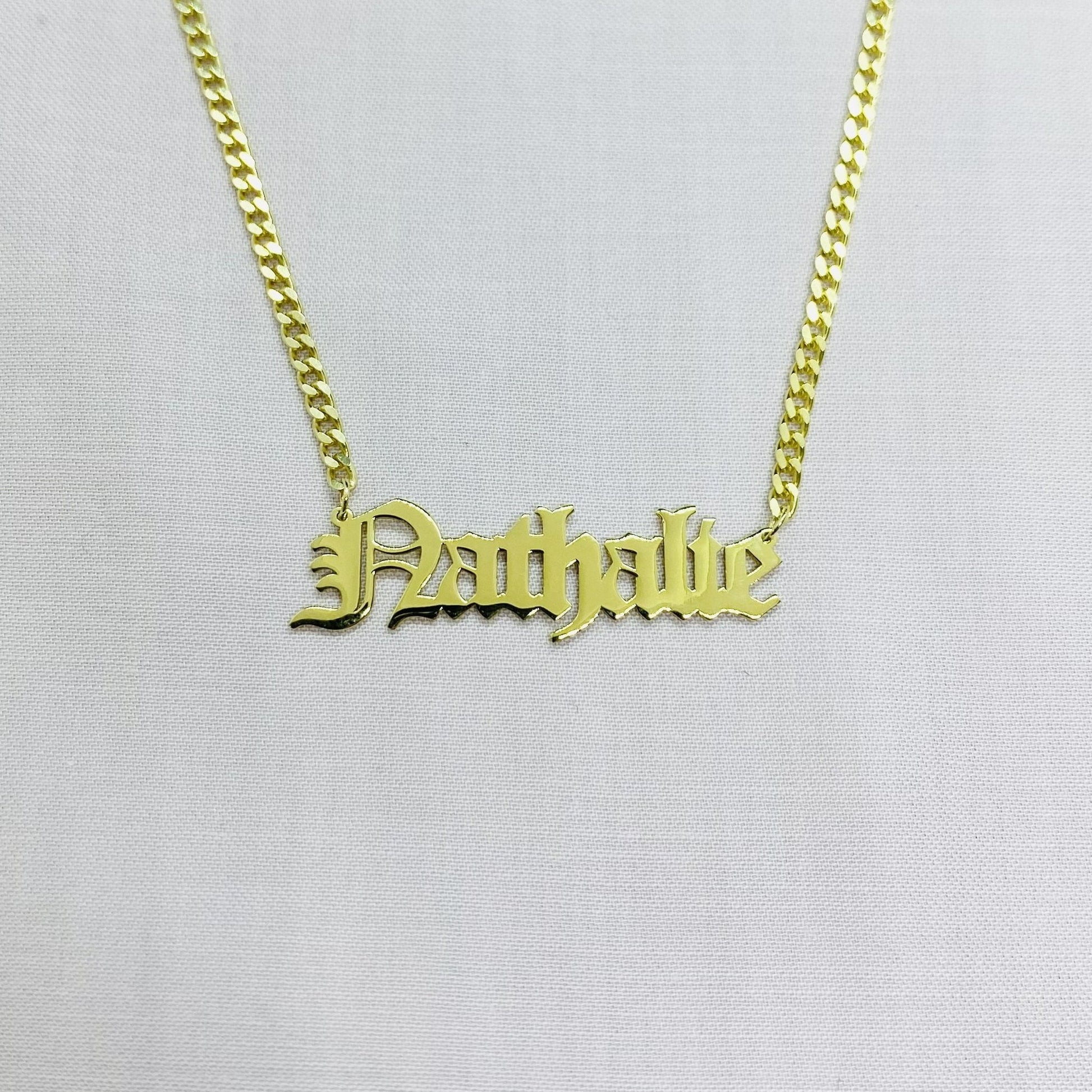 14K Real Solid Gold Old English Name Necklace , Custom Name Necklace ,Personalized Nameplate Jewelry, Christmas Birthday Gift ,Gourmet Chain