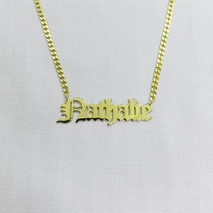 14K Real Solid Gold Old English Name Necklace , Custom Name Necklace ,Personalized Nameplate Jewelry, Christmas Birthday Gift ,Gourmet Chain