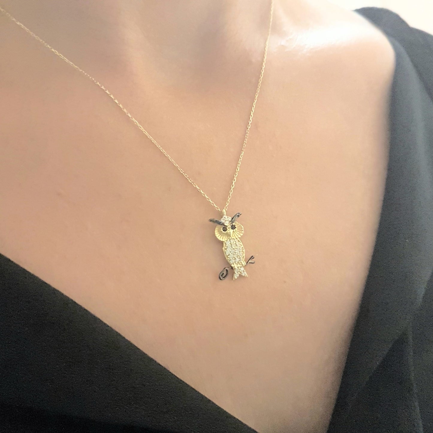 14K Real Solid Gold Owl Pendant Necklace Decorated with White Zirconia Stones for Women Charm Dainty