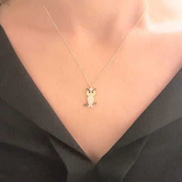 14K Real Solid Gold Owl Pendant Necklace Decorated with White Zirconia Stones for Women Charm Dainty