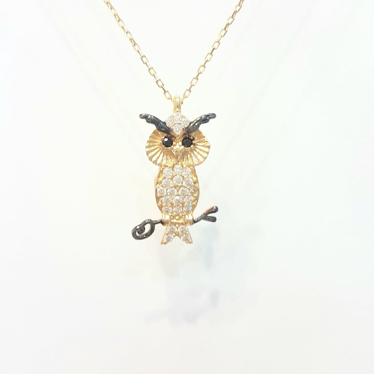 14K Real Solid Gold Owl Pendant Necklace Decorated with White Zirconia Stones for Women Charm Dainty