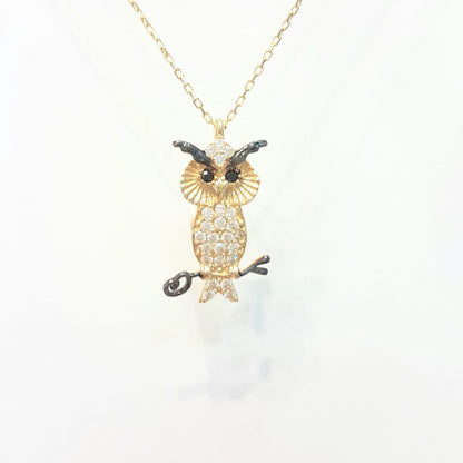 14K Real Solid Gold Owl Pendant Necklace Decorated with White Zirconia Stones for Women Charm Dainty