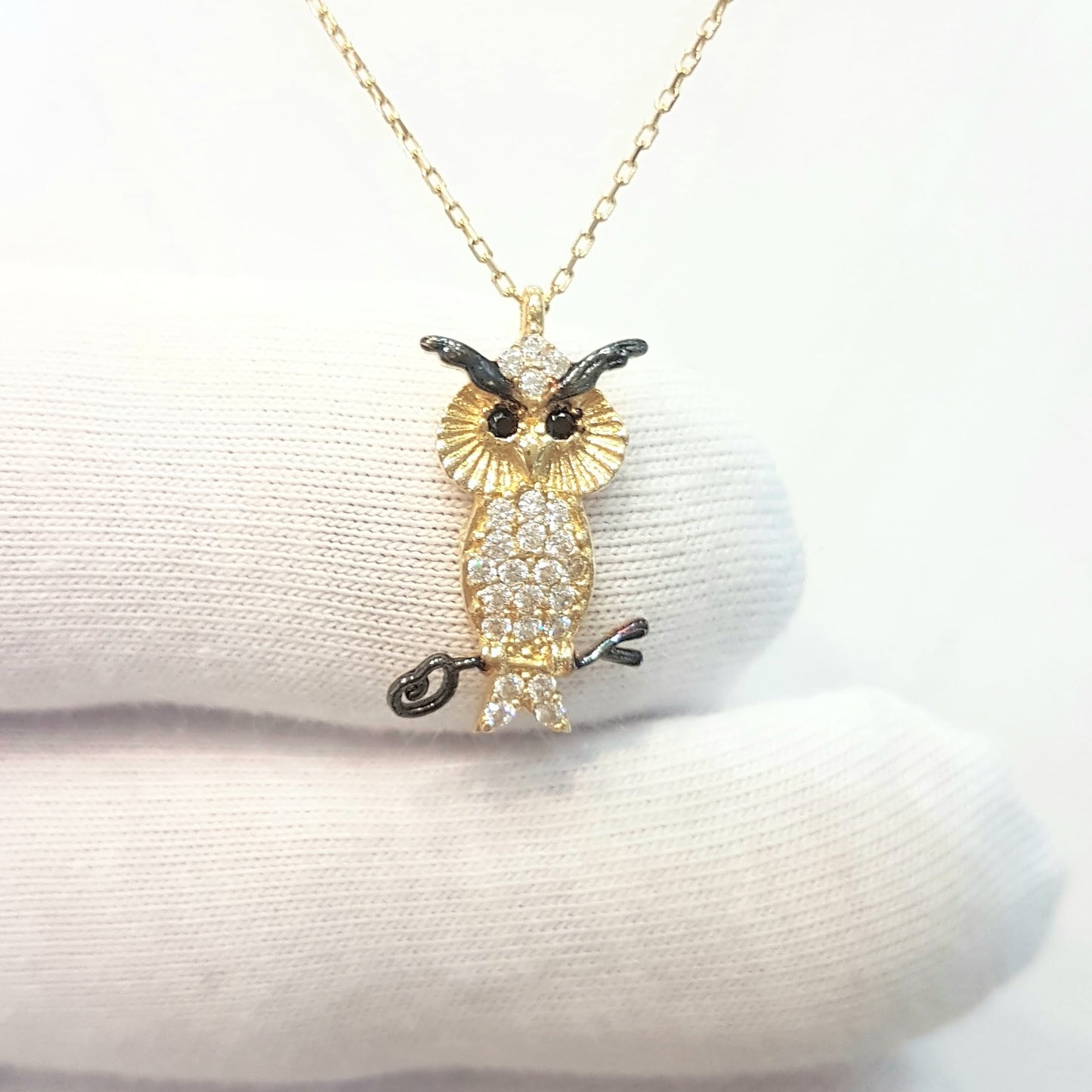 14K Real Solid Gold Owl Pendant Necklace Decorated with White Zirconia Stones for Women Charm Dainty