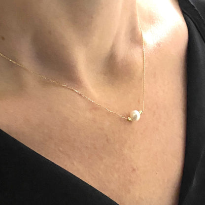 14K Real Solid Gold Pearl Necklace , Freshwater Pearl Necklace for Women , Dainty Pearl Necklace , Pearl Chain Necklace , Pearl Gift