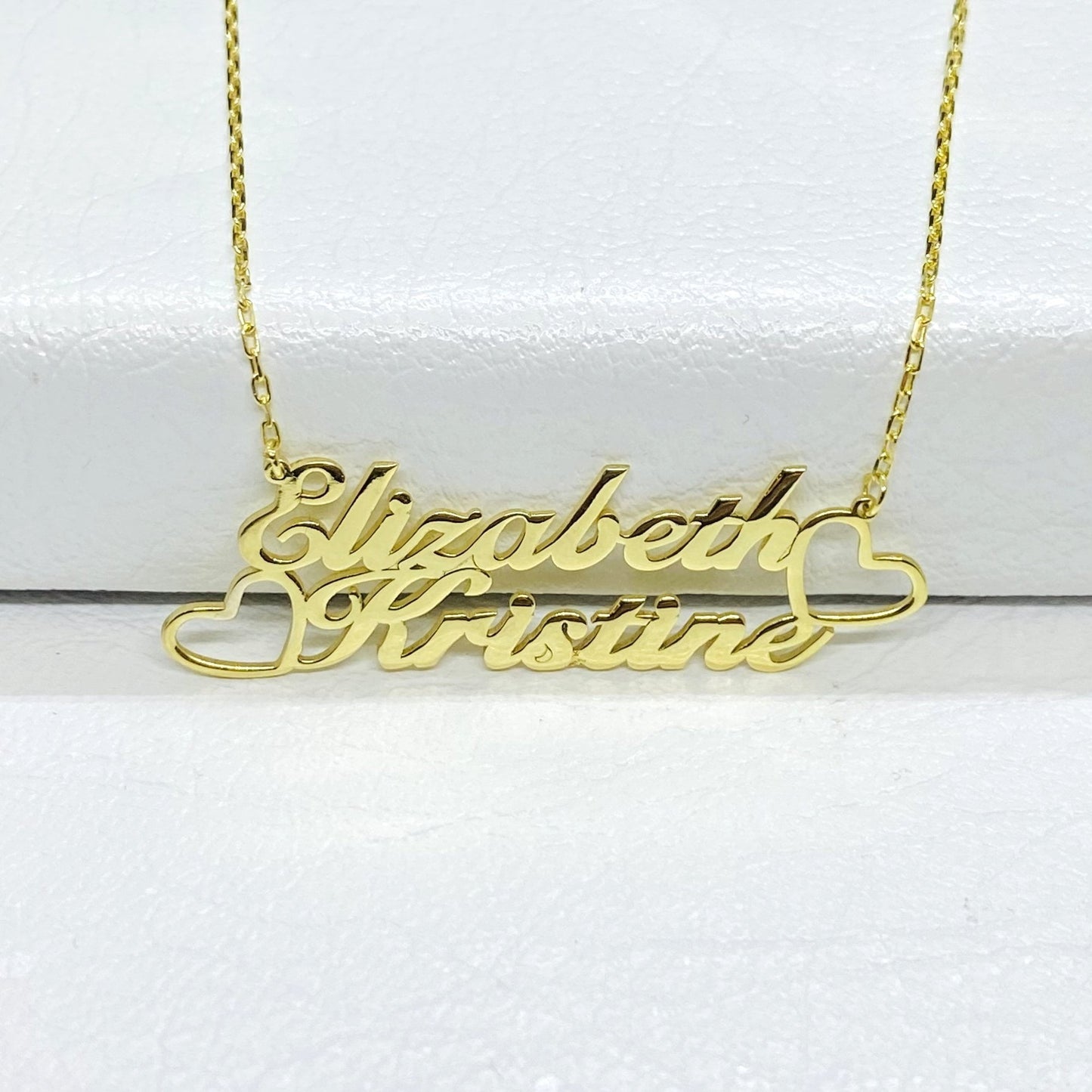 14K Real Solid Gold Personalized Two Names Necklace for Women , Gold Double Names Necklace , Family Gift ,Custom Gifts , Nameplate Jewelry