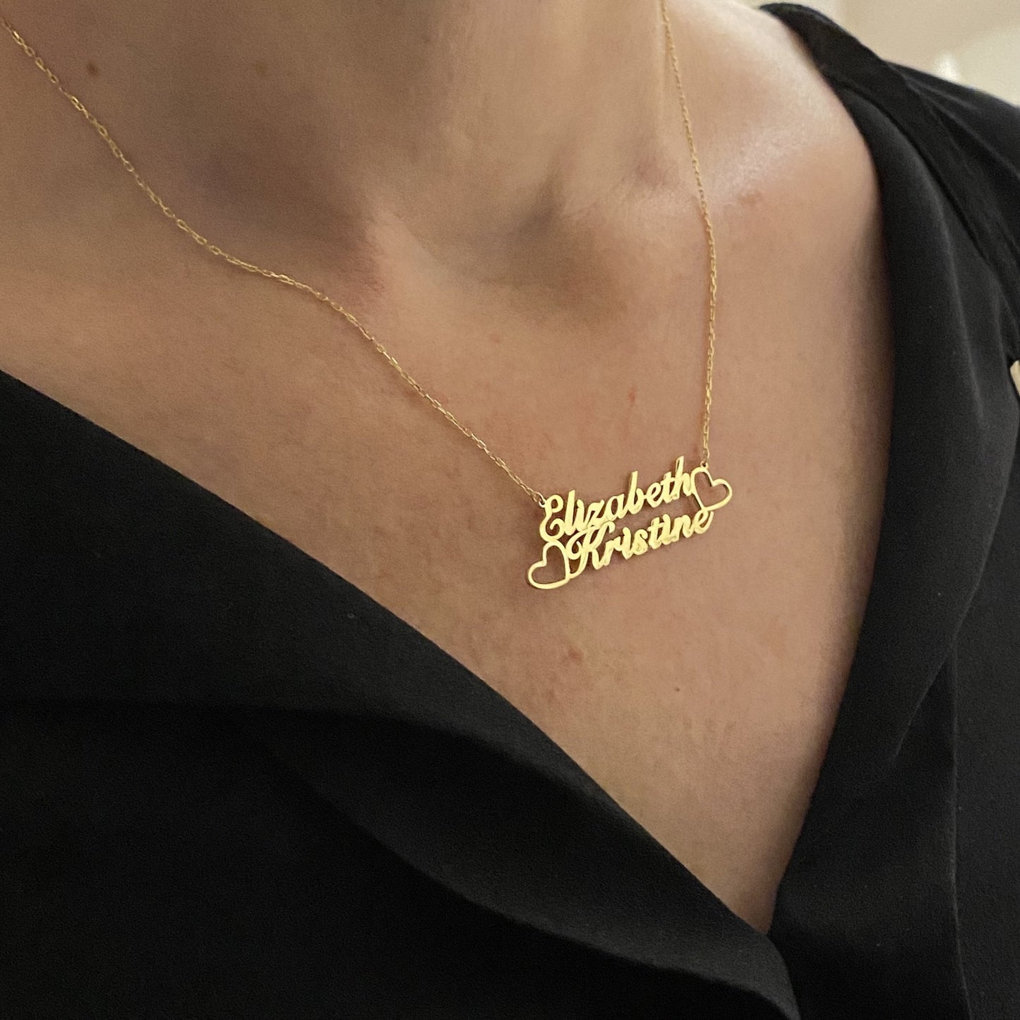 14K Real Solid Gold Personalized Two Names Necklace for Women , Gold Double Names Necklace, Family Gift , Custom Gifts , Nameplate Jewelry