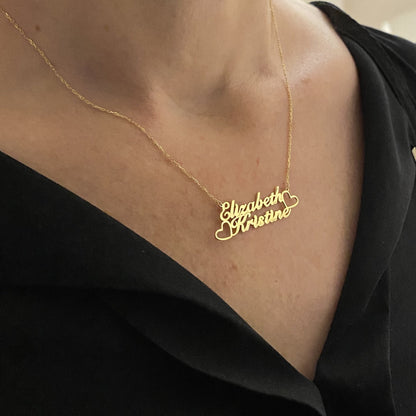 14K Real Solid Gold Personalized Two Names Necklace for Women , Gold Double Names Necklace, Family Gift , Custom Gifts , Nameplate Jewelry