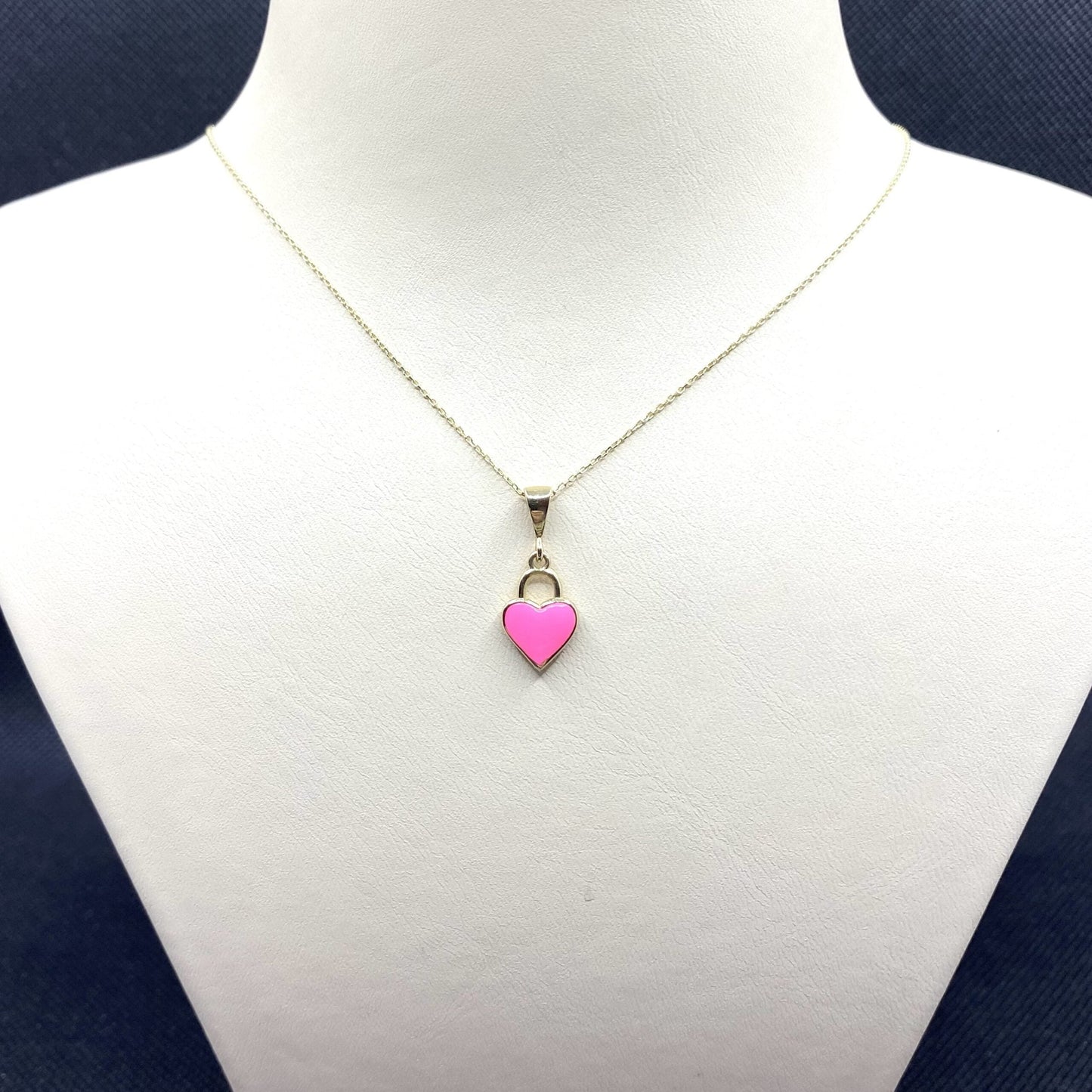 14K Real Solid Gold Pink Heart Necklace for Women , Gold Heart Pendant , Dainty Charm Pink Heart , Birthday Gift for her