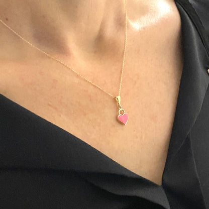 14K Real Solid Gold Pink Heart Necklace for Women , Gold Heart Pendant , Dainty Charm Pink Heart , Birthday Gifts ,Christmas Gift for her