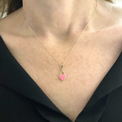 14K Real Solid Gold Pink Heart Necklace for Women , Gold Heart Pendant , Dainty Charm Pink Heart , Birthday Gifts, Christmas Gift for her