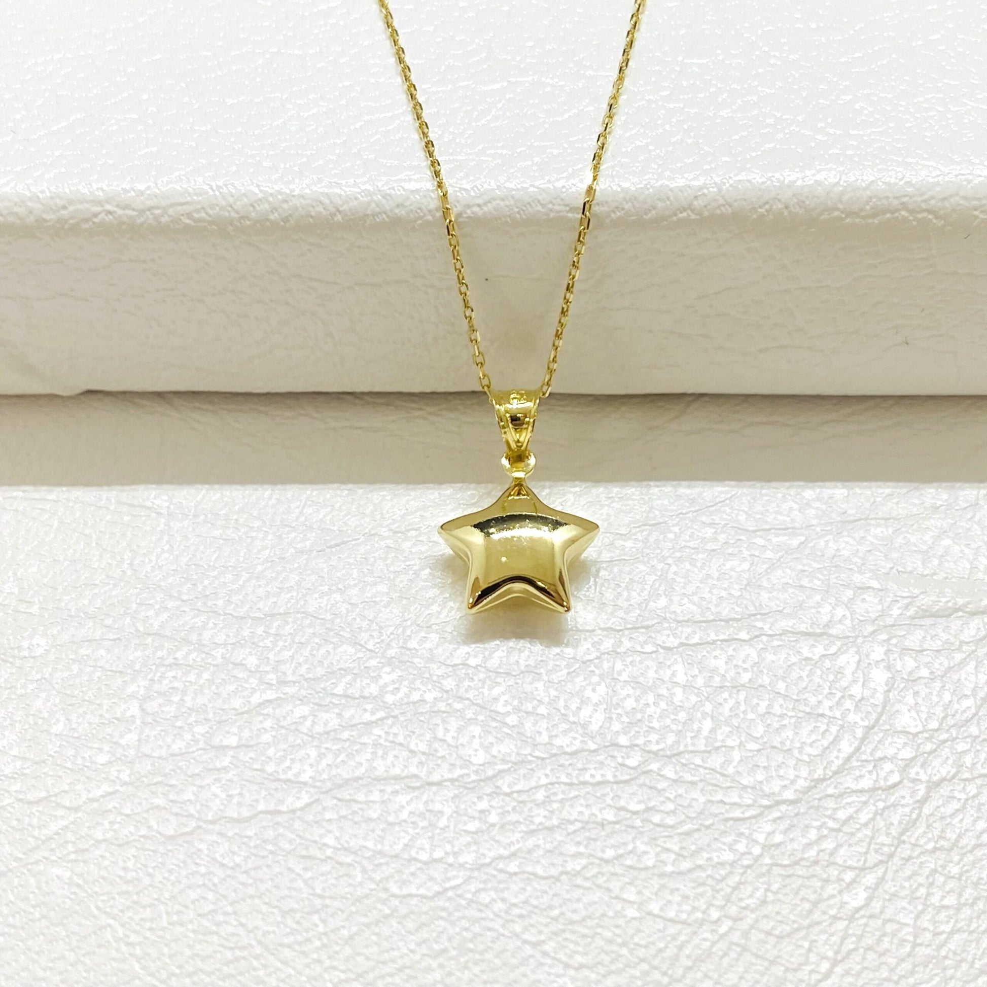 14K Real Solid Gold Puff Star Necklace for Women , Best Birthday Gift , Dainty Star Necklace , Star Jewelry , Star Pendant,Choker Necklace