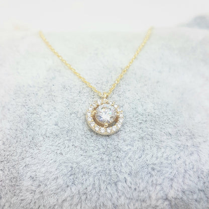 14K Real Solid Gold Round Circle with Halo Sun Shaped Decorated with Zirconia Stones Charm Cute Dainty Elegant Delicate Tiny Trendy Pendant Necklace Best Birthday Gift for Women Jewelry Girlfriend