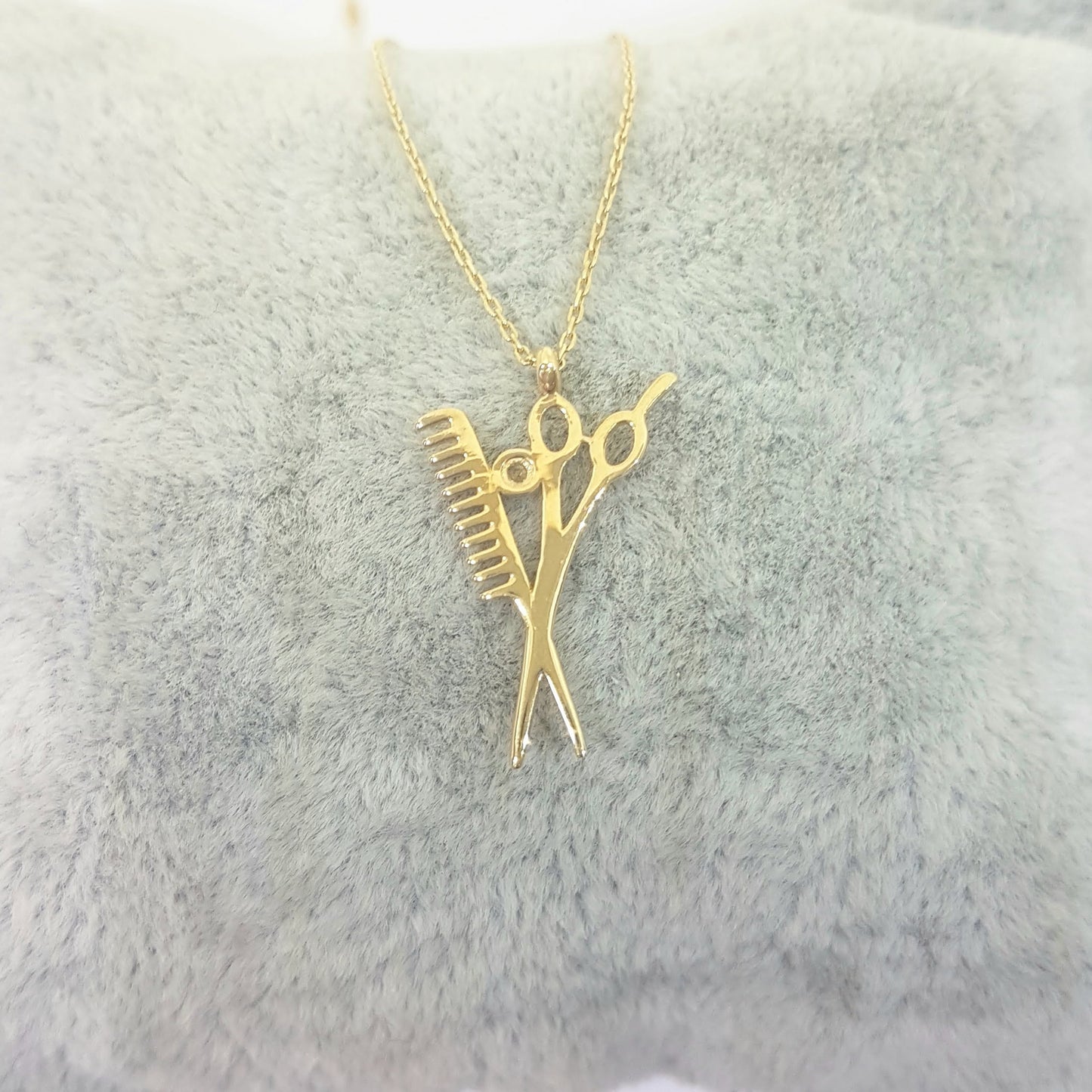 14K Real Solid Gold Scissors and Comb Charm Pendant Necklace Hair Stylist Dresser Salon Fashion Barber Beauty Shop Women gift