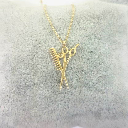 14K Real Solid Gold Scissors and Comb Charm Pendant Necklace Hair Stylist Dresser Salon Fashion Barber Beauty Shop Women gift