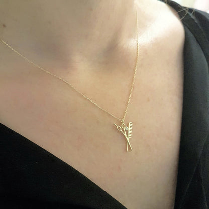 14K Real Solid Gold Scissors and Comb Charm Pendant Necklace Hair Stylist Dresser Salon Gift Fashion Barber Beauty Shop Women