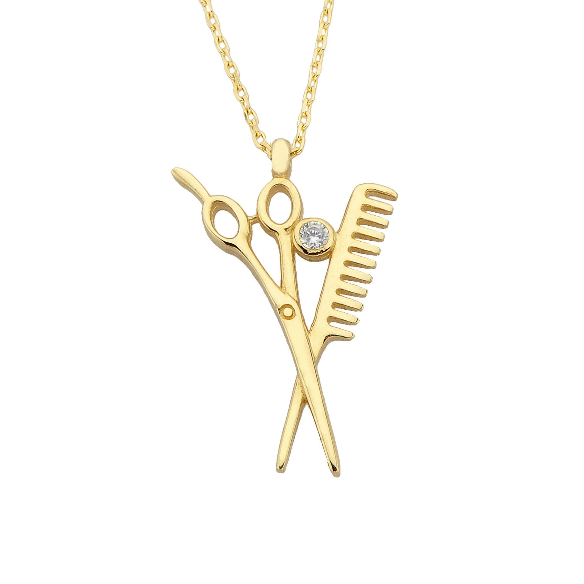 14K Real Solid Gold Scissors and Comb Charm Pendant Necklace Hair Stylist Dresser Salon Gift Fashion Barber Beauty Shop Women Jewelry