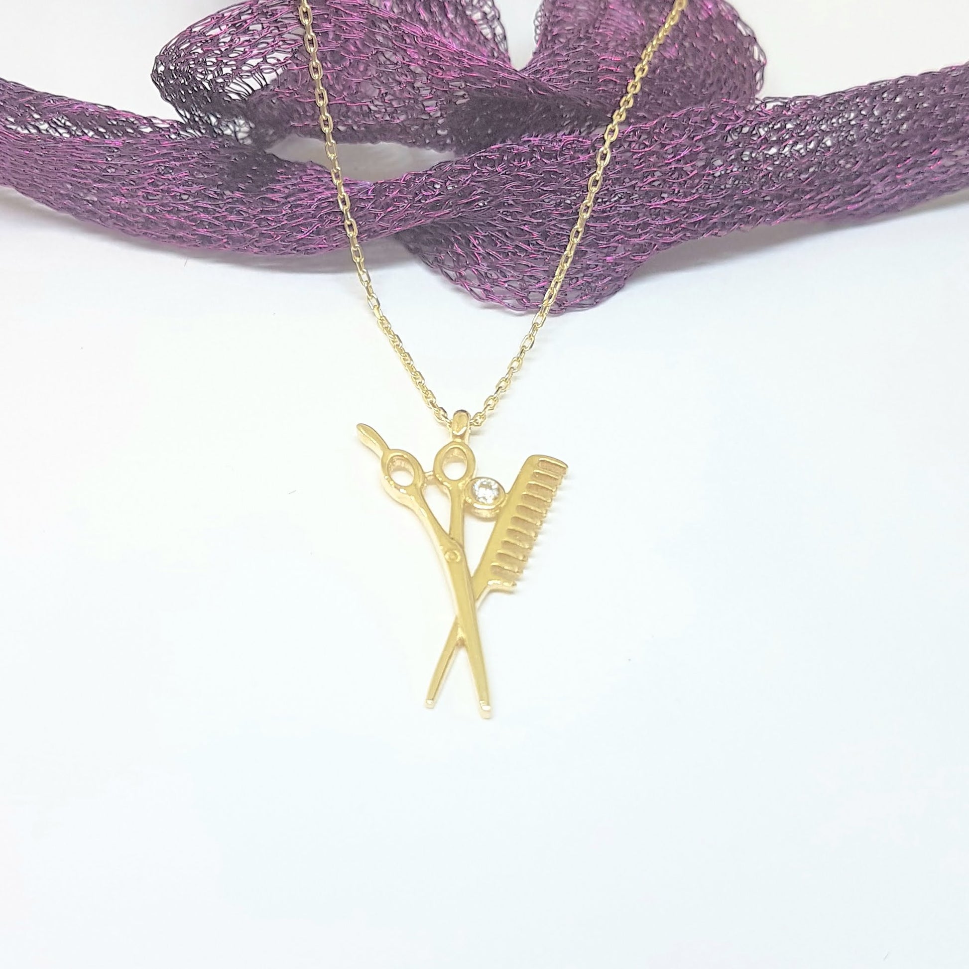 14K Real Solid Gold Scissors and Comb Charm Pendant Necklace Hair Stylist Dresser Salon Fashion Barber Beauty Shop Women gift