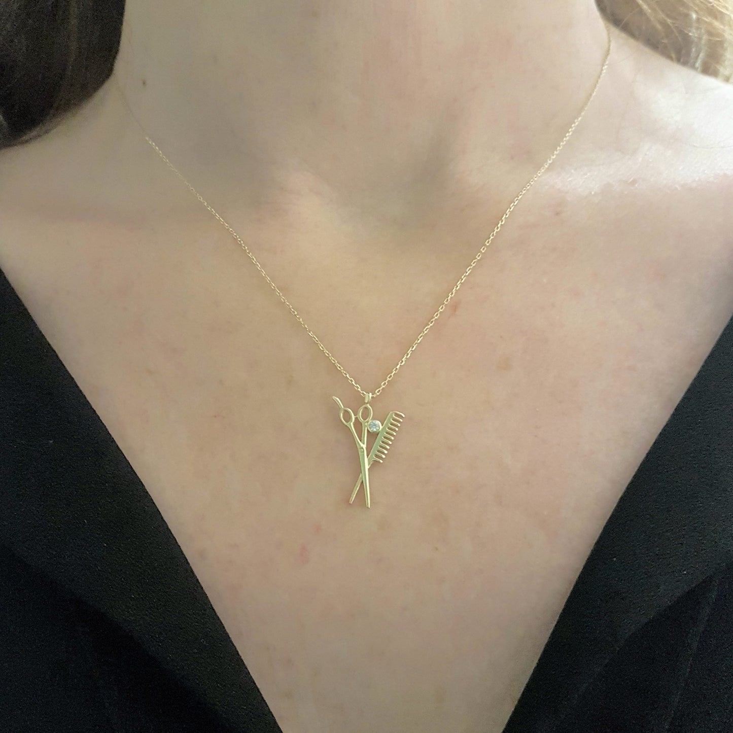 14K Real Solid Gold Scissors and Comb Charm Pendant Necklace Hair Stylist Dresser Salon Gift Fashion Barber Beauty Shop Women