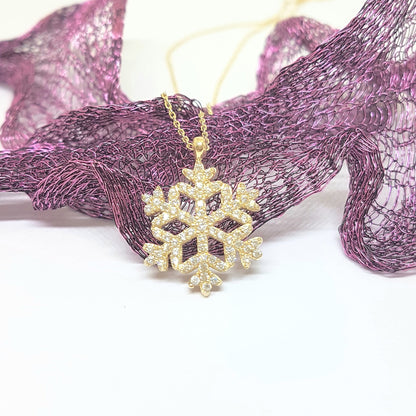14K Real Solid Gold Snowflake Design with Zirconia Stones Cute Dainty Charm Elegant Delicate Trendy Pendant Necklace Best Birthday Gift for Women Jewelry Girlfriend Wife Mother
