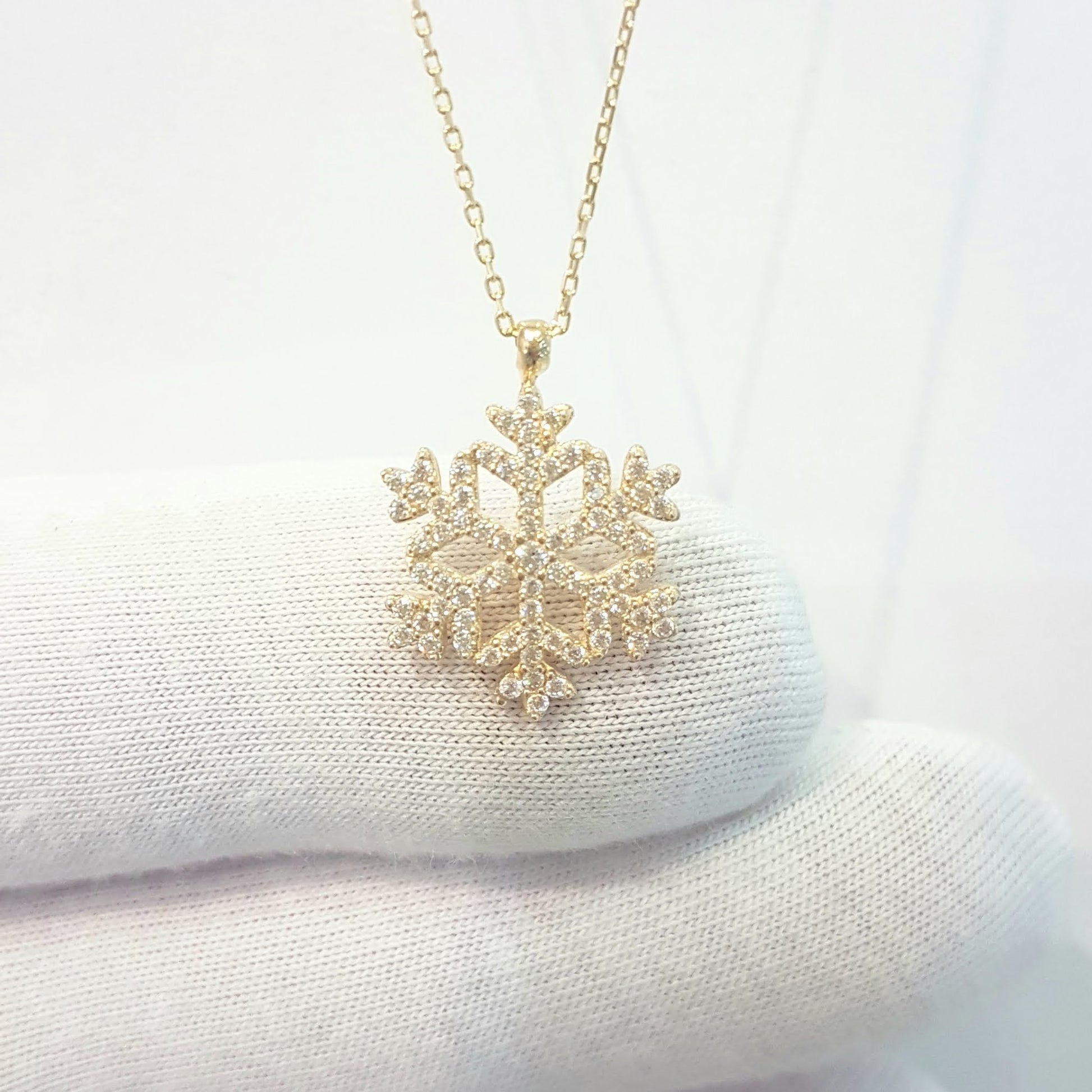 14K Real Solid Gold Snowflake Design with Zirconia Stones Cute Dainty Charm Elegant Delicate Trendy Pendant Necklace Best Birthday Gift for Women Jewelry Girlfriend Wife Mother